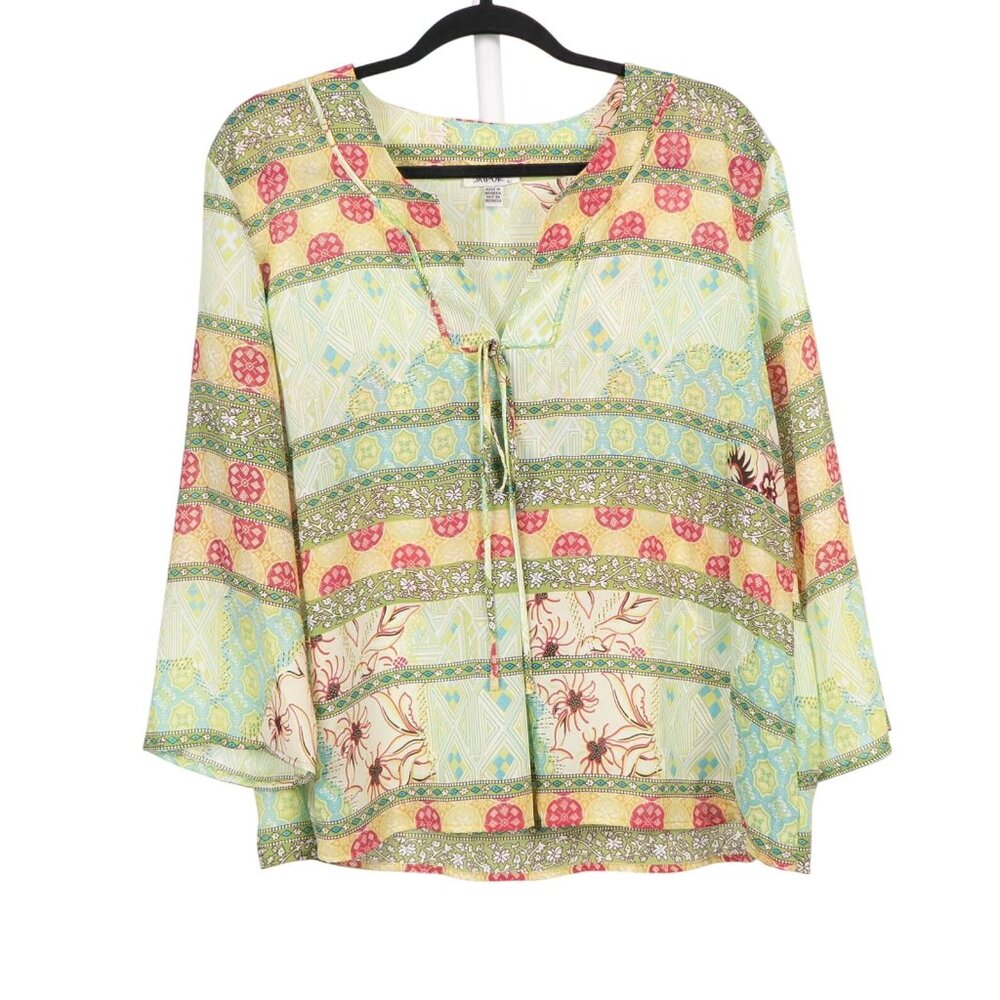 Boho Chic Y2K Sheer Cardigan Blouse L Womens Green Pink Flowy Floral Tie Front
